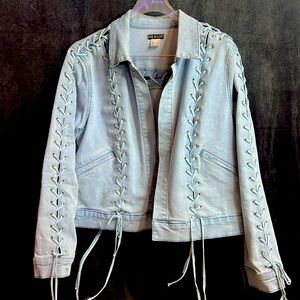 Denim jacket, decorative laces up sleeves and laces design on back,  size 14